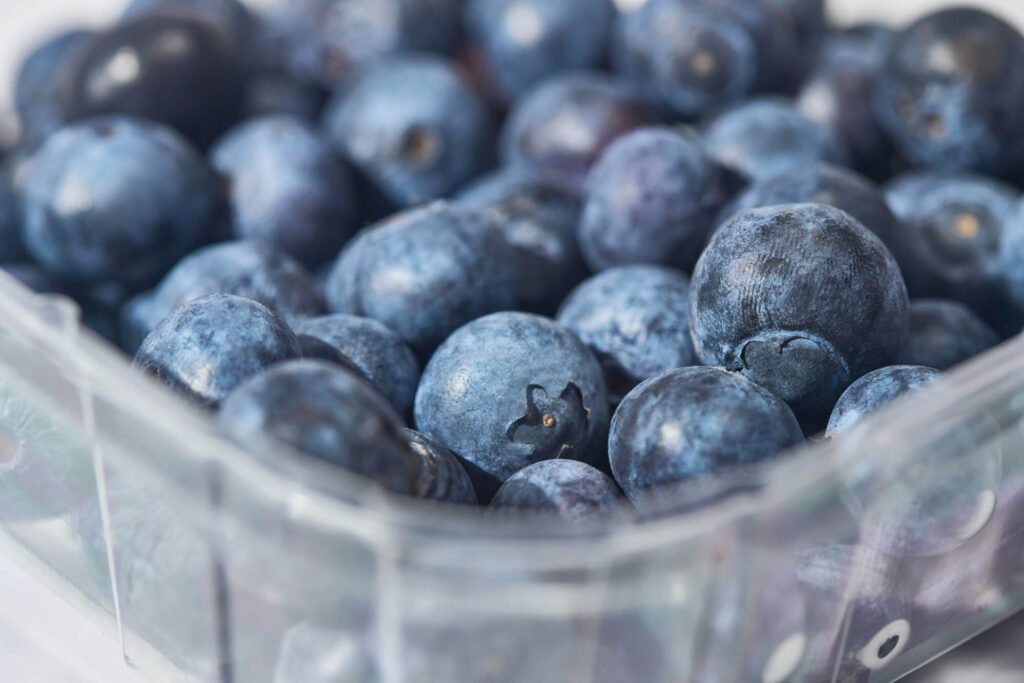 Frische Heidelbeeren in transparenter Schale – Nahaufnahme – verpackt mit Solipac Siegelfolie für den Einzelhandel.