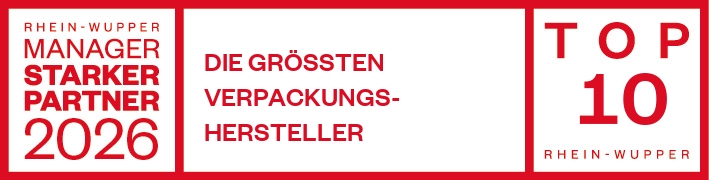 Banner recognizing Rhein-Wupper Top 10 packaging manufacturers for 2026, in three red-on-white panels: left highlights 'Manager Stark(er) Partner 2026', middle declares 'Die größten Verpackungs-Hersteller', right shows 'Top 10 Rhein-Wupper'.