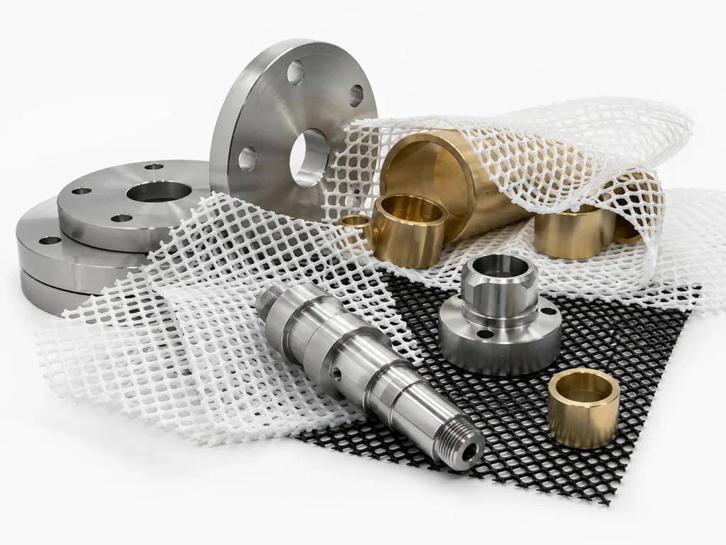 Assorted metal mechanical parts including flanges, bushings, and a shaft laid on white and black mesh fabric.