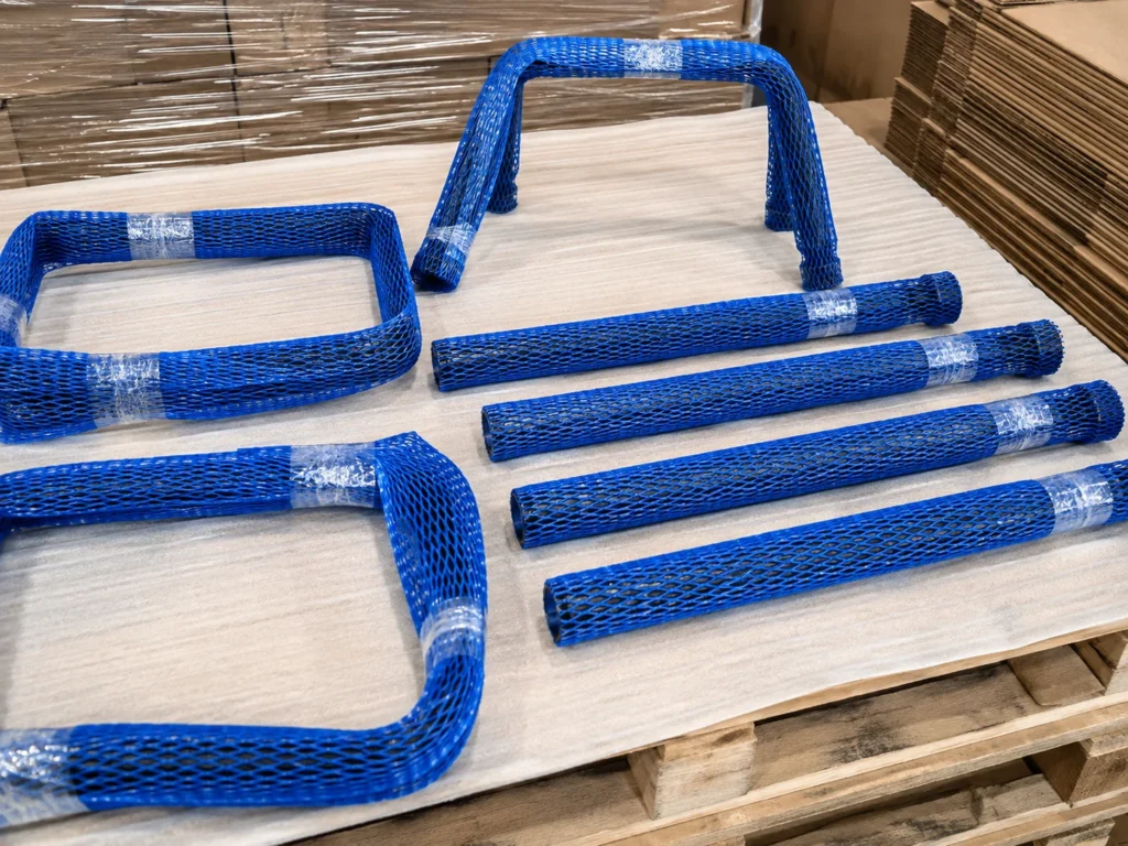 Blue metal mesh handles and hollow tubes laid on a wooden pallet in a warehouse, ready for packing or shipping.