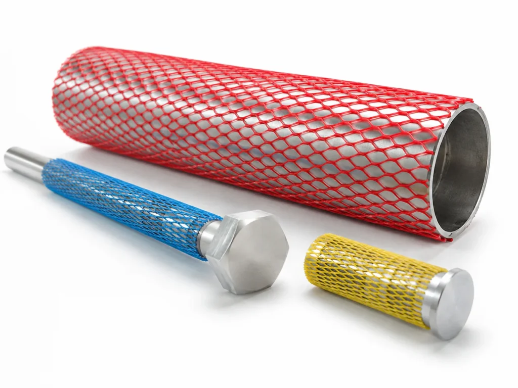 Three metal mesh sleeves in red, blue, and yellow with hollow interiors and metal end caps.