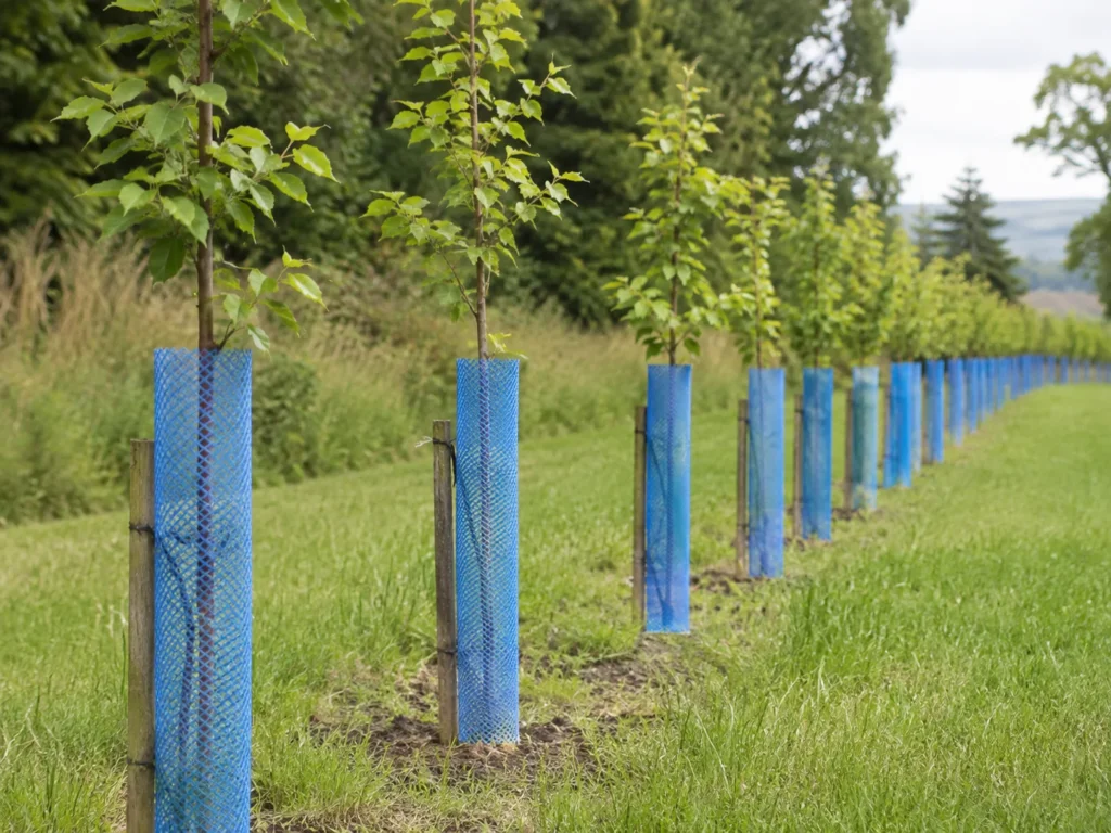Row of young trees protected by blue mesh guards along a grassy field.
