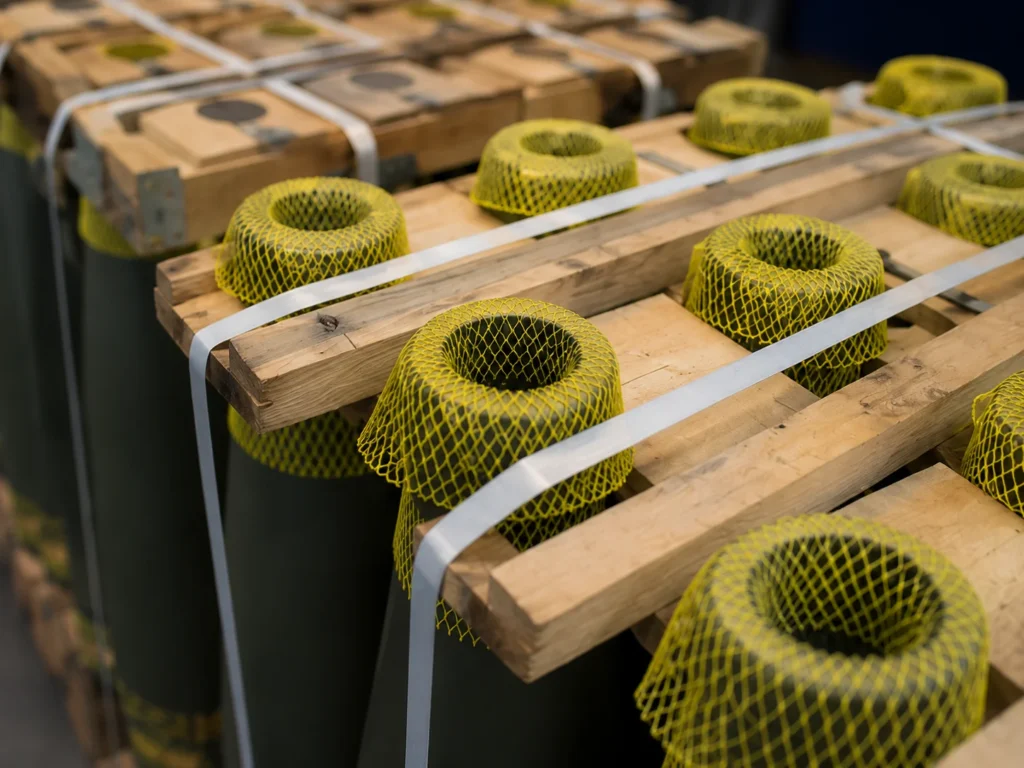 Row of large black drums wrapped in yellow protective netting on wooden pallets secured with white straps