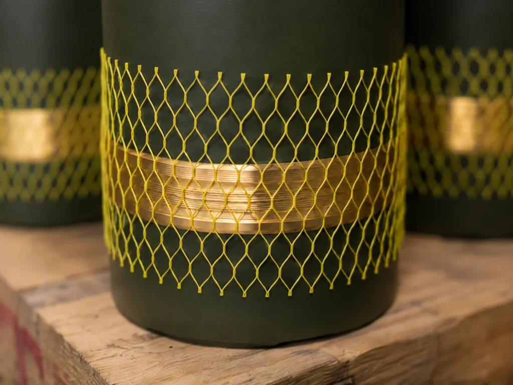 Green metal drum wrapped in yellow protective netting with a copper band around its middle, placed on a wooden pallet in an industrial setting.