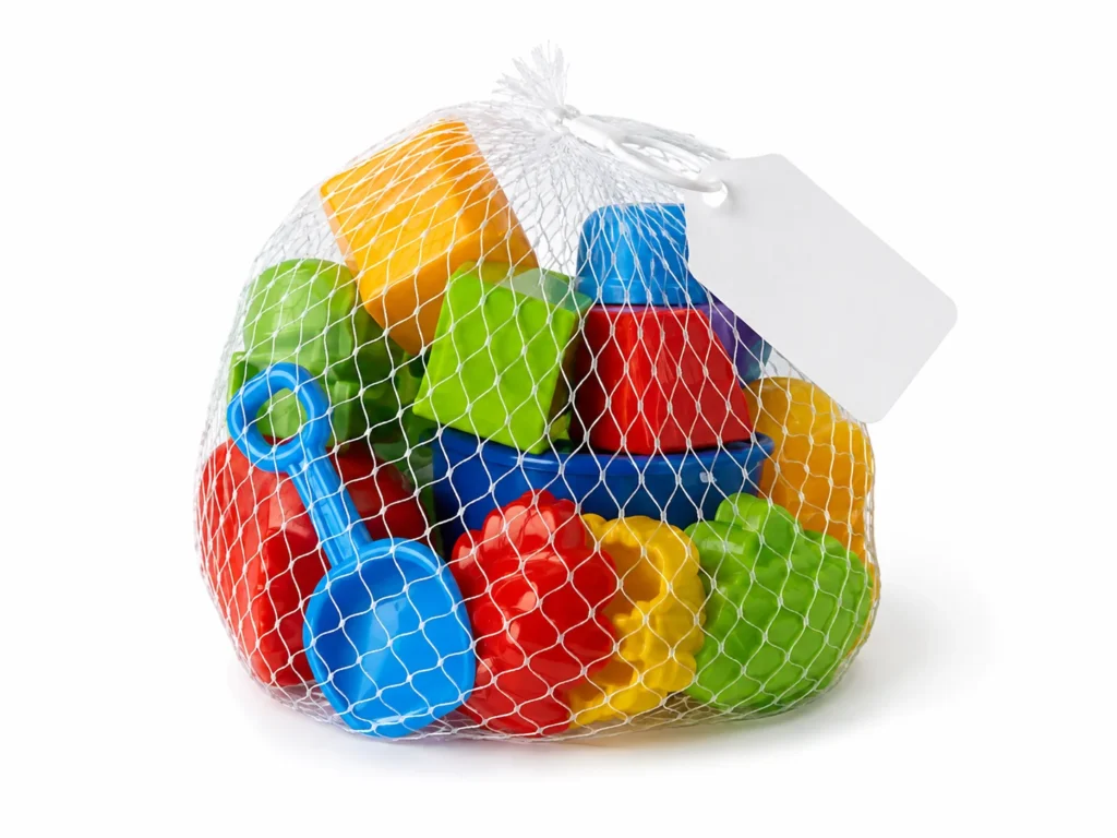 Plastic toy set in a white mesh bag, including red, blue, yellow, and green blocks and a blue shovel.