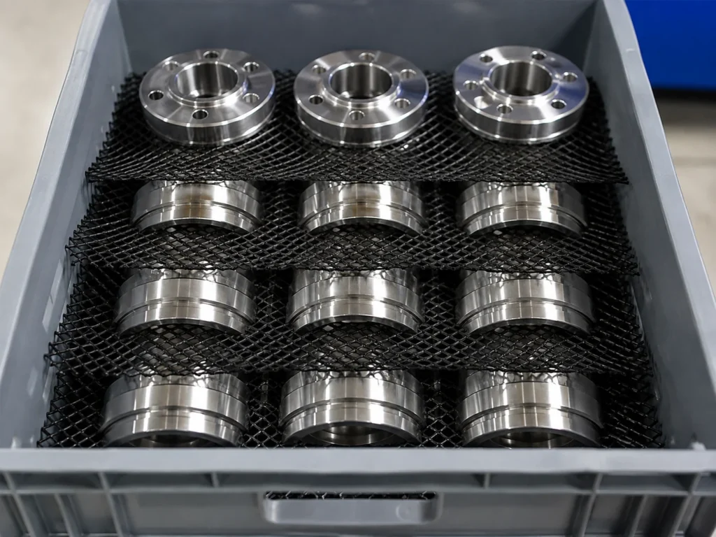 Rows of shiny metal flanges/bushings arranged on a black mesh rack inside a gray crate, likely parts awaiting processing or storage.