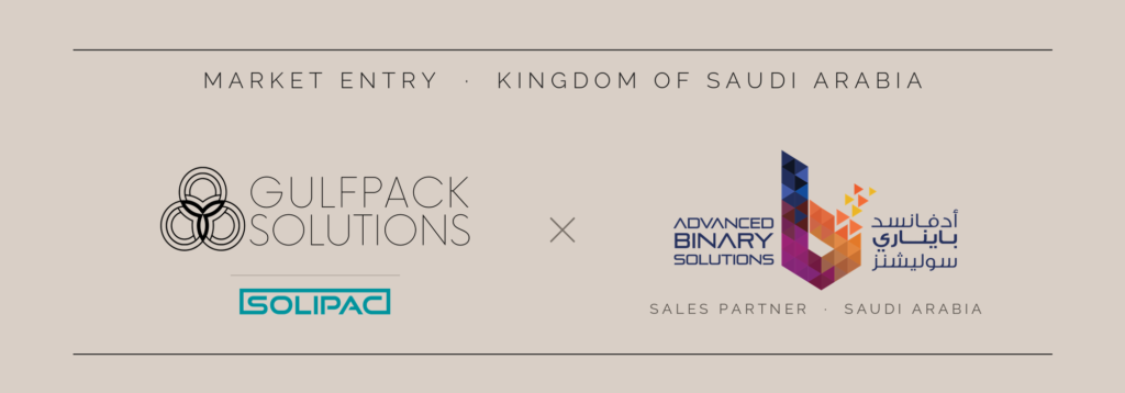 Banner announcing market entry into Saudi Arabia, featuring Gulfpack Solutions and Solipad on the left and Advanced Binary Solutions with an Arabic partner logo on the right; 'Sales Partner · Saudi Arabia' caption below.