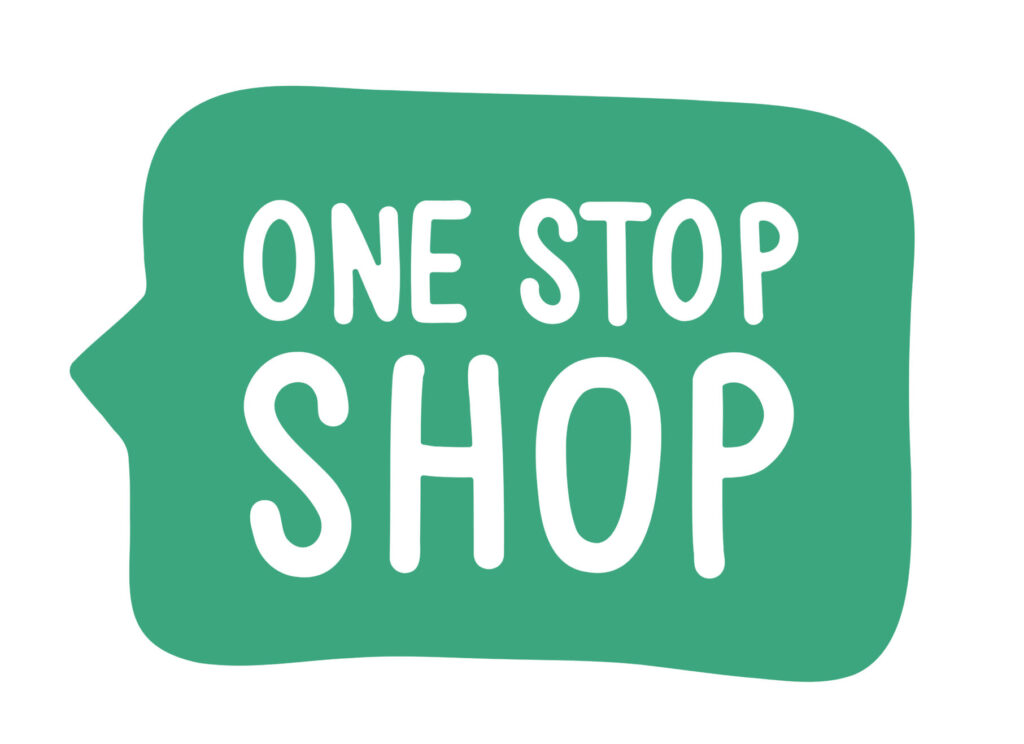 Green rounded badge with white text reading 'ONE STOP SHOP'.